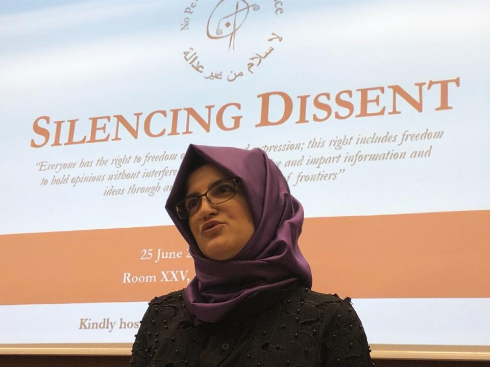 Hatice Cengiz is pictured at the U.N.-backed Human Rights Council in Geneva, Switzerland, Tuesday, June 25, 2019. The fiancee of slain Saudi journalist Jamal Khashoggi has taken her campaign for justice over his grisly slaying to the U.N.'s top human rights body and urging the United Nations to take "the next step" following a blistering report from an independent investigator. Hatice Cengiz, a Turkish citizen, says she hasn't gotten over the Oct. 2 killing of the Washington Post columnist at the Saudi consulate in Istanbul. (AP Photo/Jamey Keaten)