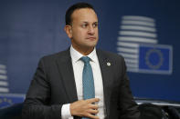 Irish Prime Minister Leo Varadkar arrives for an EU summit in Brussels, Thursday, Oct. 17, 2019. Britain and the European Union reached a new tentative Brexit deal on Thursday, hoping to finally escape the acrimony, divisions and frustration of their three-year divorce battle. (Julien Warnand, Pool Photo via AP)