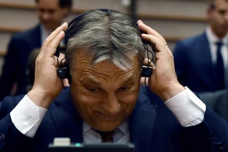 Hungary's Prime Minister Viktor Orban reacts during a plenary session at the European Parliament (EP) in Brussels, Belgium April 26, 2017. REUTERS/Eric Vidal