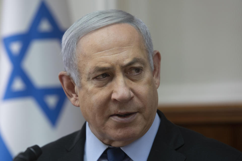 Israeli Prime Minister Benjamin Netanyahu heads the weekly cabinet meeting at the Prime Minister's office in Jerusalem, Sunday, Nov. 24, 2019. (AP Photo/Sebastian Scheiner, Pool)