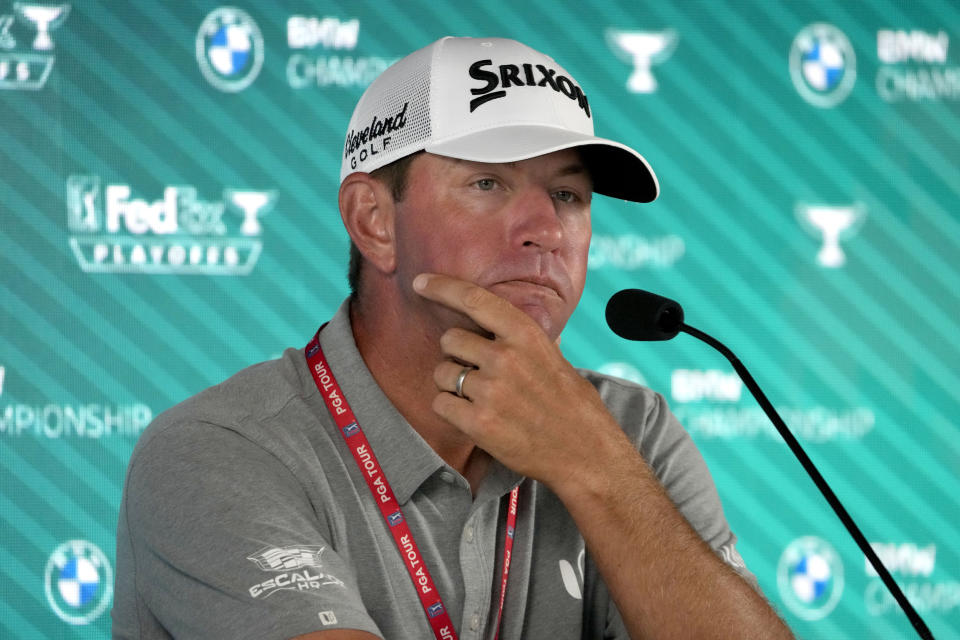 Lucas Glover listens to a question during a news conference after his pro-am round at the BMW Championship golf tournament, Wednesday, Aug. 16, 2023, in Olympia Fields, Ill. (AP Photo/Charles Rex Arbogast)