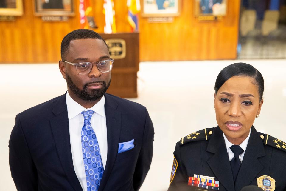 Mayor Paul Young and Memphis Police Chief Cerelyn “C.J.” speak with the media after Young asked the city council to table indefinitely the reappointment of Davis at city hall on Tuesday, January 23, 2024.