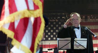 Jack McGreevey, father of New Jersey's 51st Gov. James E. McGreevey, leads the crowd in the Pledge Of Allegiance at the start of the 2002 Inaugural Ball held at the New Jersey Convention & Exposition Center in Edison.