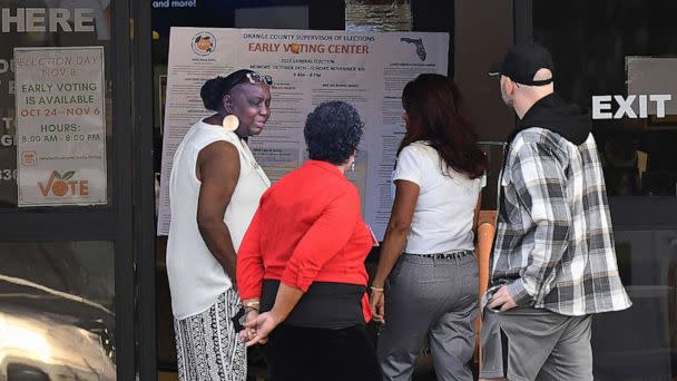 PHOTO: People arrive to cast their ballots at the Orange County Supervisor of Elections Office on the first day of early voting for the 2022 midterm general election in Orlando, Fla., Oct. 24, 2022. (SOPA Images/LightRocket via Getty Images)