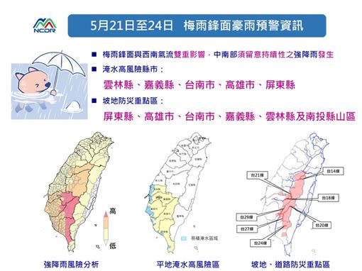 國家災害防救科技中心製表提醒五縣市淹水高風險、六地區列為坡地防災重點區！（圖／翻攝自國家災害防救科技中心）