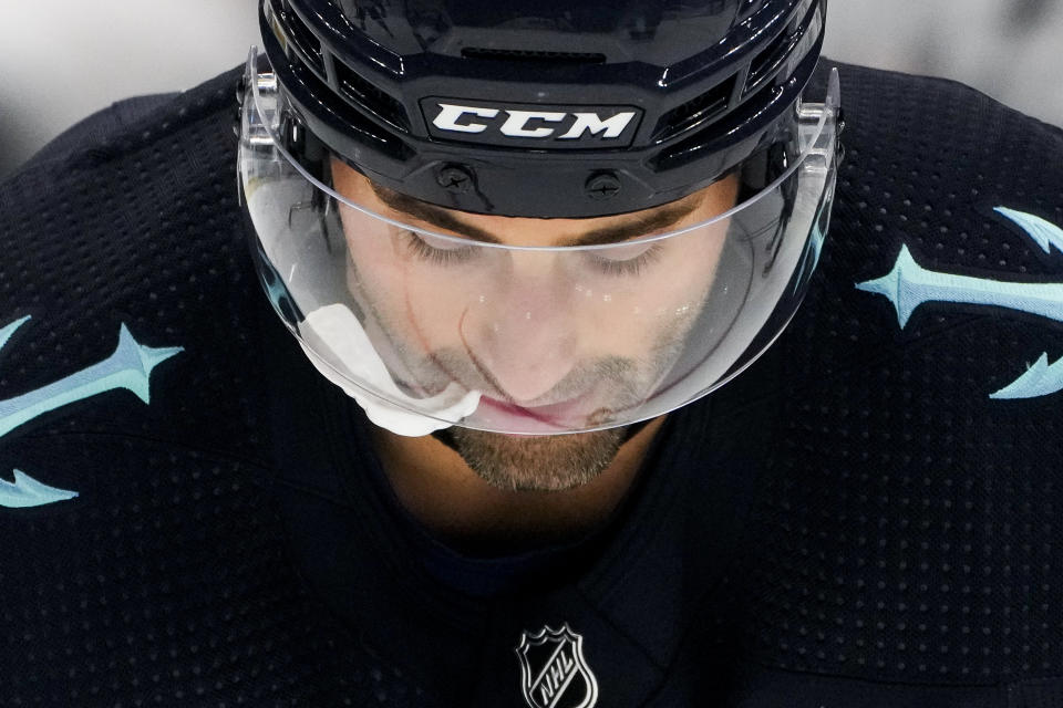 Seattle Kraken right wing Jordan Eberle (7) looks down during the third period of an NHL hockey game against the Colorado Avalanche, Tuesday, Oct. 17, 2023, in Seattle. The Avalanche won 4-1. (AP Photo/Lindsey Wasson)