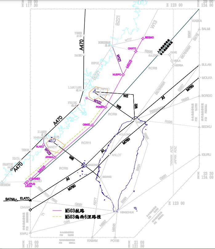 M503航路及原本M503偏西6浬路徑示意圖。（圖／交通部民航局提供）