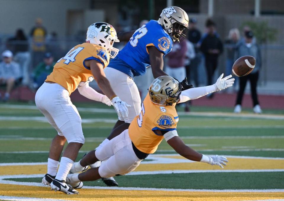 South’s Jaelen Nichols (5, Central Catholic) breaks up a pass during the Central California Lions All-Star Football Game at Tracy High School in Tracy, Calif., Saturday, June 24, 2023. Andy Alfaro/aalfaro@modbee.com