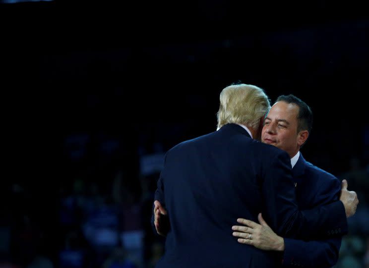 Donald Trump greets Republican National Committee Chairman Reince Priebus at a campaign rally in Erie, Pa. (Photo: Eric Thayer/Reuters)