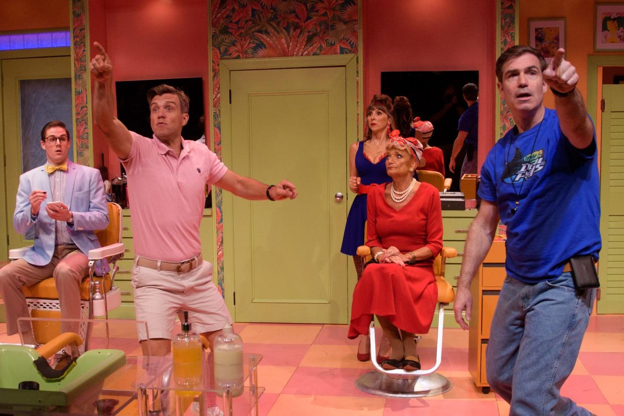 From left, Shaun Memmel, Jordan Ahnquist, Gina Milo, Lisa McMillan and Gil Brady star in the return of the comical murder mystery “Shear Madness” at Florida Studio Theatre.