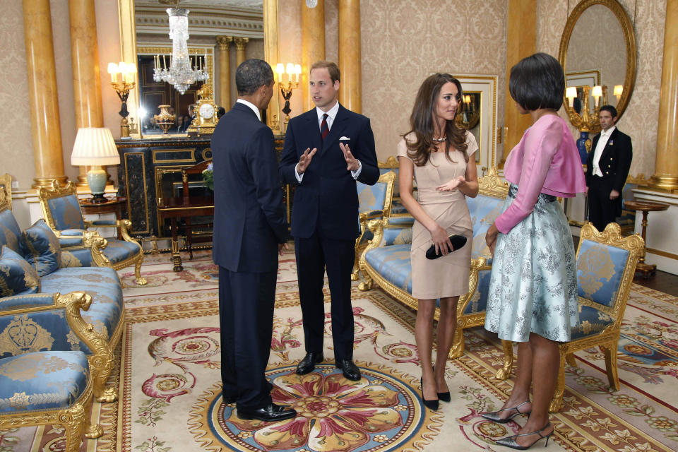 A month after their nuptials, Will and Kate meet with then-President Barack Obama and first lady Michelle Obama at Buckingham Palace in May 2011.