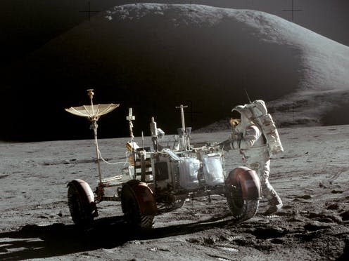 <span class="caption">Apollo Lunar Rover - Apollo 15.</span> <span class="attribution"><span class="source">Irwin with the LRV on the Moon</span></span>