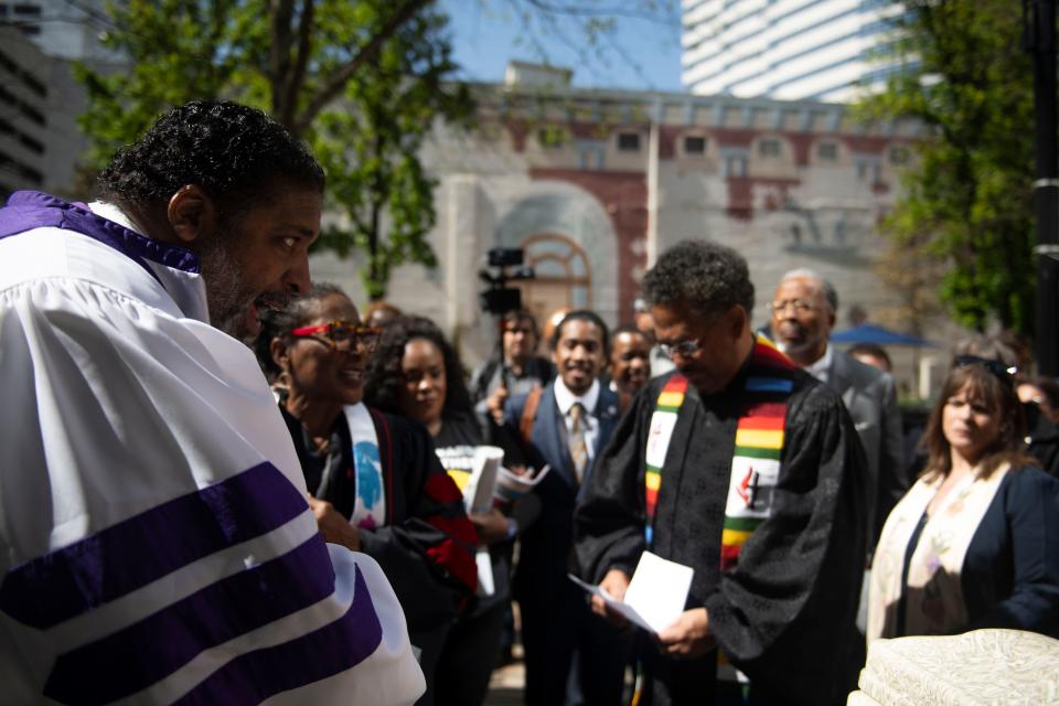 Rev. Stephen Handy (right), pastor of McKendree UMC, at the Moral Monday march led by civil rights activist Rev. William Barber II (left) in Nashville, Tenn., on Monday, April 17, 2023.