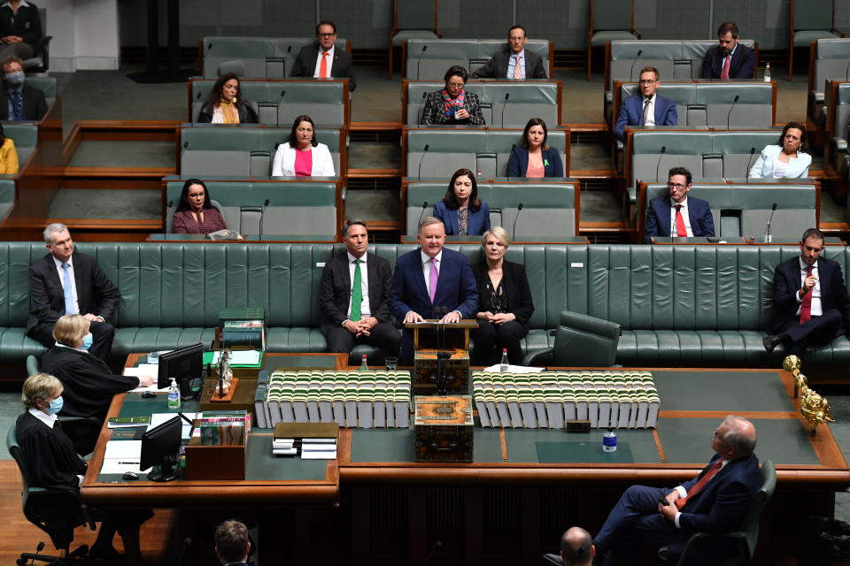 CANBERRA, AUSTRALIA - OCTOBER 08: Labor Opposition leader Anthony Albanese during his budget reply speech on October 08, 2020 in Canberra, Australia. The Morrison government's second budget was published on Tuesday after its release in May was delayed by the COVID-19 pandemic. Treasurer Josh Frydenberg has delivered a federal budget deficit of $213.7 billion in the wake of coronavirus and related shutdowns, with a number of tax cuts to be introduced to help boost the economy and create jobs as Australia experiences its first recession in 29 years. (Photo by Sam Mooy/Getty Images)