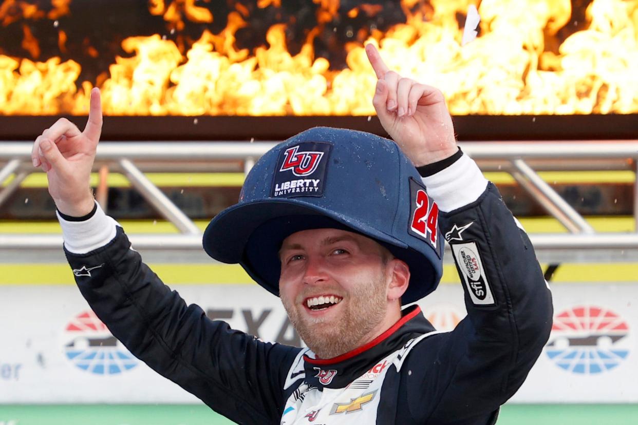 William Byron celebrates after winning at Texas on Sunday.