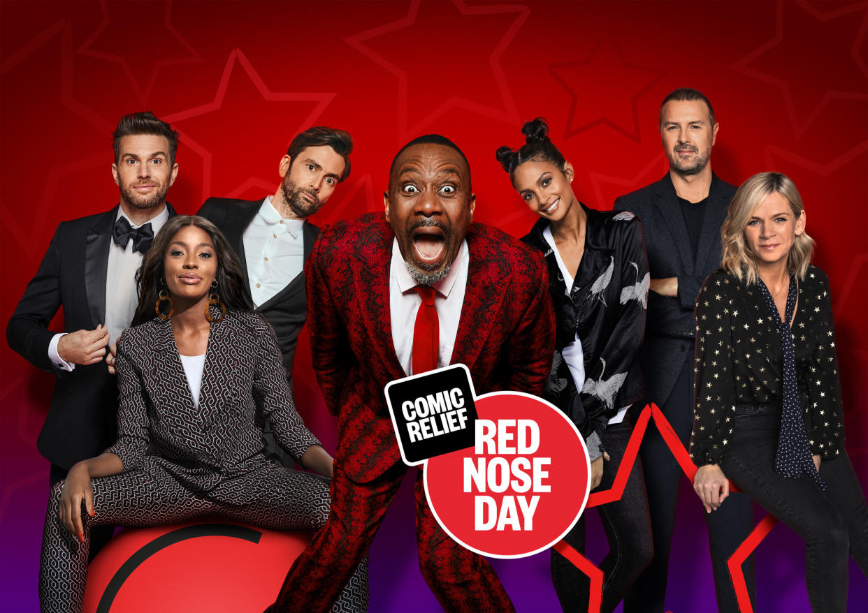 WARNING: Embargoed for publication until 00:00:01 on 06/03/2022 - Programme Name: Comic Relief 2022 - TX: 18/03/2022 - Episode: n/a (No. n/a) - Picture Shows: Hosts of Comic Relief 2022 and The Great Comic Relief Prizeathon Joel Dommett, AJ Odudu, David Tennant, Sir Lenny Henry, Alesha Dixon, Paddy McGuinness, Zoe Ball - (C) Comic Relief - Photographer: multiple