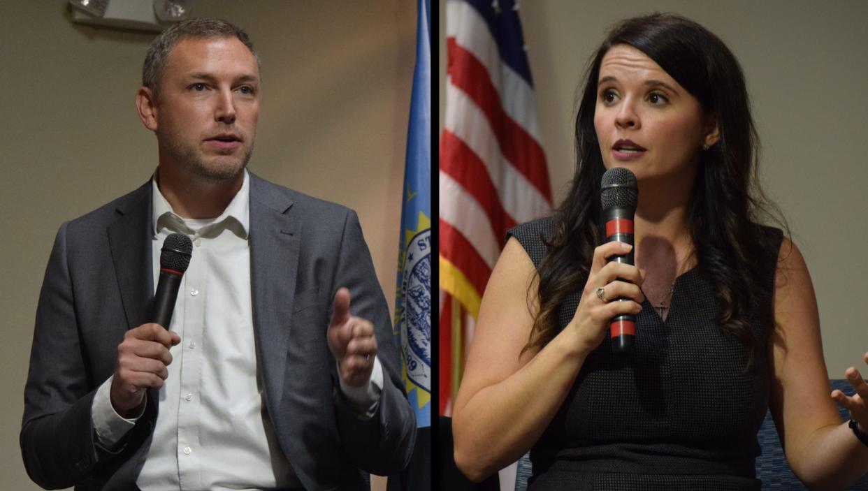 Rep. Jon Hansen (R-SD), left, and Navigator CO2 Ventures Vice President of Governmental Affairs Elizabeth Burns-Thompson, right, took part in an hour-long debate in Brookings on Tuesday, Aug. 22, 2023.