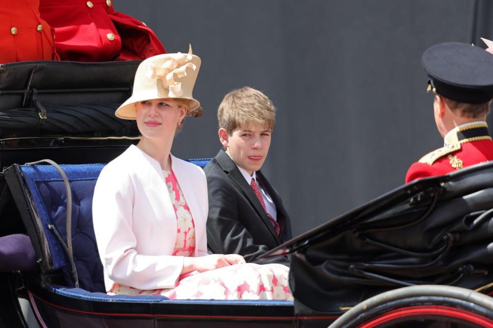 Lady Louise Windsor and James, Viscount Severn, ride in a carriage during the Trooping the Colour parade at Buckingham Palace on June 2, 2022 (Chris Jackson/WPA Pool/Getty Images)