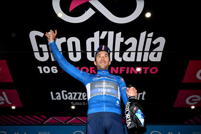  Thibaut Pinot (Groupama FDJ) celebrates at podium as Blue Mountain Jersey winner during stage 3 at the Giro d&#39;Italia 