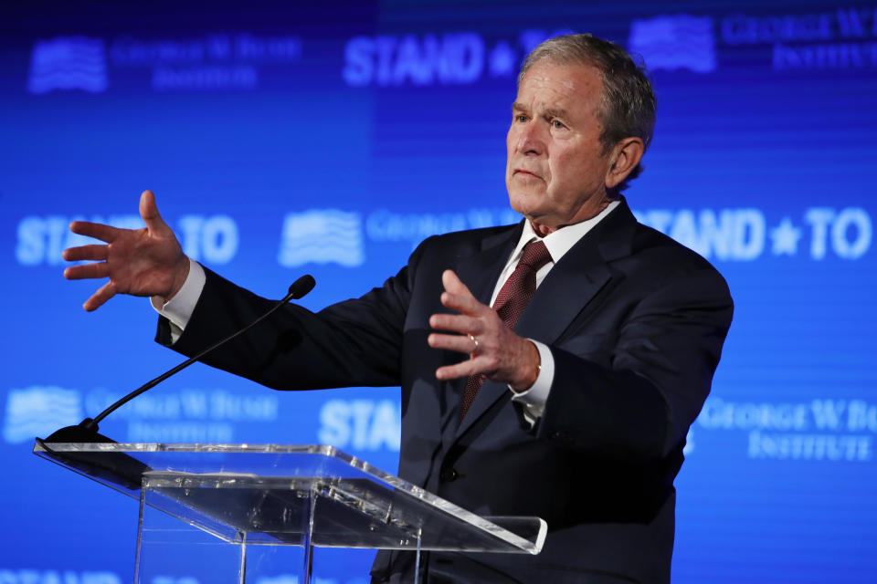 FILE - In this June 23, 2017 file photo, former President George W. Bush speaks during "Stand-To," a summit held by the George W. Bush Institute focused on veteran transition, in Washington. Bush will be in Florida on Friday to fundraise for Gov. Rick Scott's bid to oust Democratic Sen. Bill Nelson in a closely watched and expensive campaign. (AP Photo/Jacquelyn Martin)