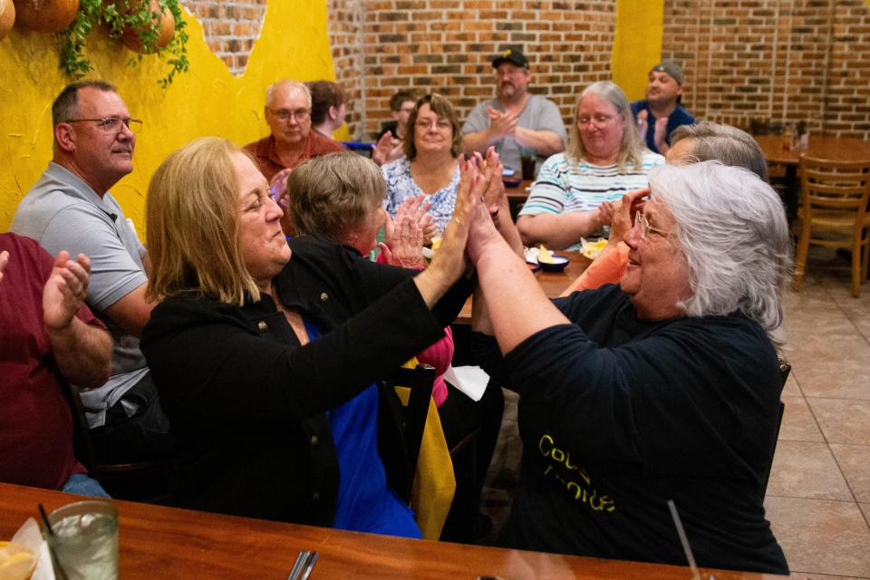 Sharon Banicki, right, celebrates with current St. Joseph County Recorder and Democratic nominee for county treasurer Mary Beth Wisniewski, left, after Banicki was announced as the St. Joseph County Recorder nominee on Tuesday, May 7, 2024, at Hacienda Mexican Restaurant on Miami Street in South Bend.