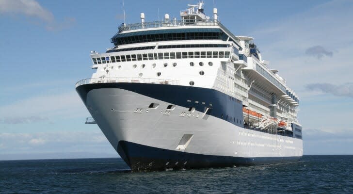 A large ocean liner floating in a calm sea.