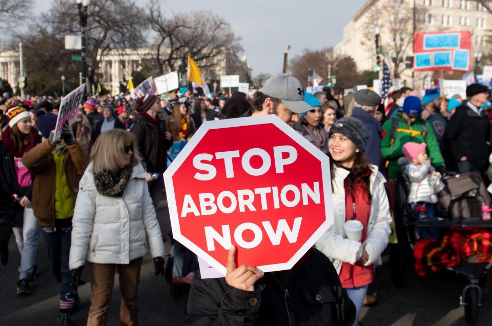 In this file photo taken on Jan. 18, 2019, anti-abortion activists participate in the "March for Life," an annual event to mark the anniversary of the 1973 Supreme Court case Roe v. Wade, which legalized abortion in the US, outside the US Supreme Court in Washington, DC.