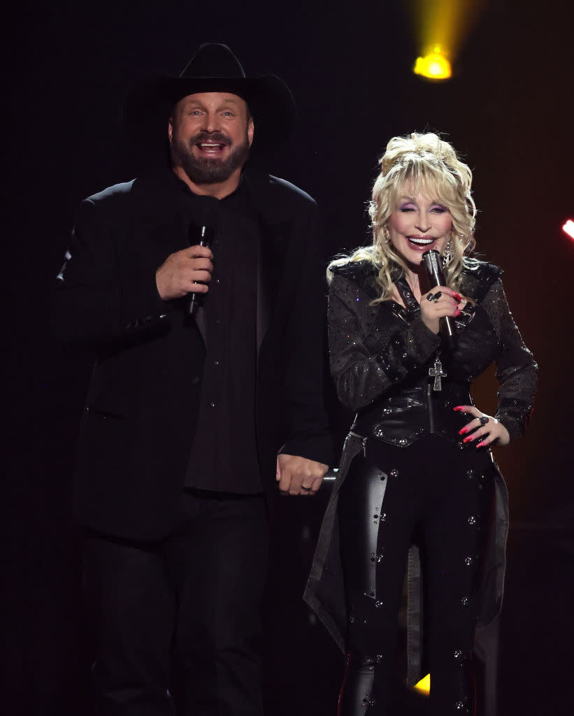 (L-R) Garth Brooks and Dolly Parton hosting the 2023 Academy Of Country Music Awards on May 11 in Frisco, Texas. 