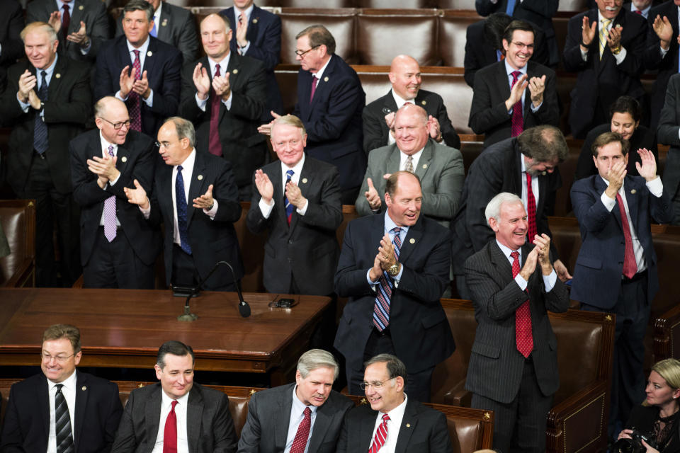 Republican lawmakers applaud after an objection to a ballot count was overturned during a joint session of Congress to count Electoral College votes in Washington, Friday, Jan. 6, 2017. Congress certified Donald Trump's presidential victory over the objections of a handful of House Democrats, with Vice President Joe Biden pronouncing, 