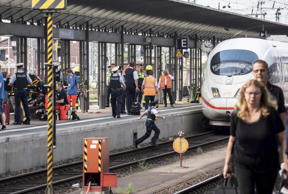 Police officers next to an ICE highspeed train at the main station in Frankfurt, Germany.