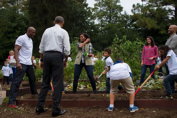 US President Barack Obama (2nd L) speaks with First Lady Michelle Obama (C) and retired professional basketball player Alonzo Mourning, Jr., as he visits the White House Kitchen Garden during a harvesting event at the White House in Washington, DC, October 6, 2016. / AFP / JIM WATSON (Photo credit should read JIM WATSON/AFP/Getty Images)