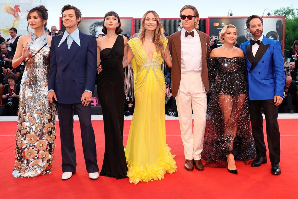 Gemma Chan, Harry Styles, Sydney Chandler, director Olivia Wilde, Chris Pine, Florence Pugh and Nick Kroll attend the "Don't Worry Darling" red carpet at the 79th Venice International Film Festival on September 05, 2022 in Venice, Italy.