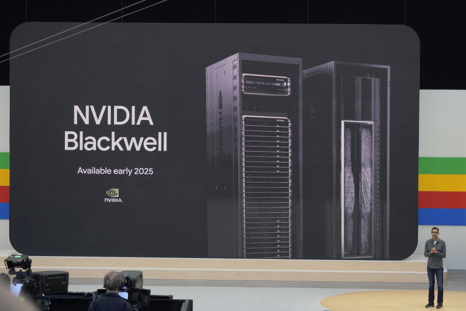 Alphabet CEO Sundar Pichai speaks about Nvidia's Blackwell chip at a Google I/O event in Mountain View, Calif., Tuesday, May 14, 2024. (AP Photo/Jeff Chiu)