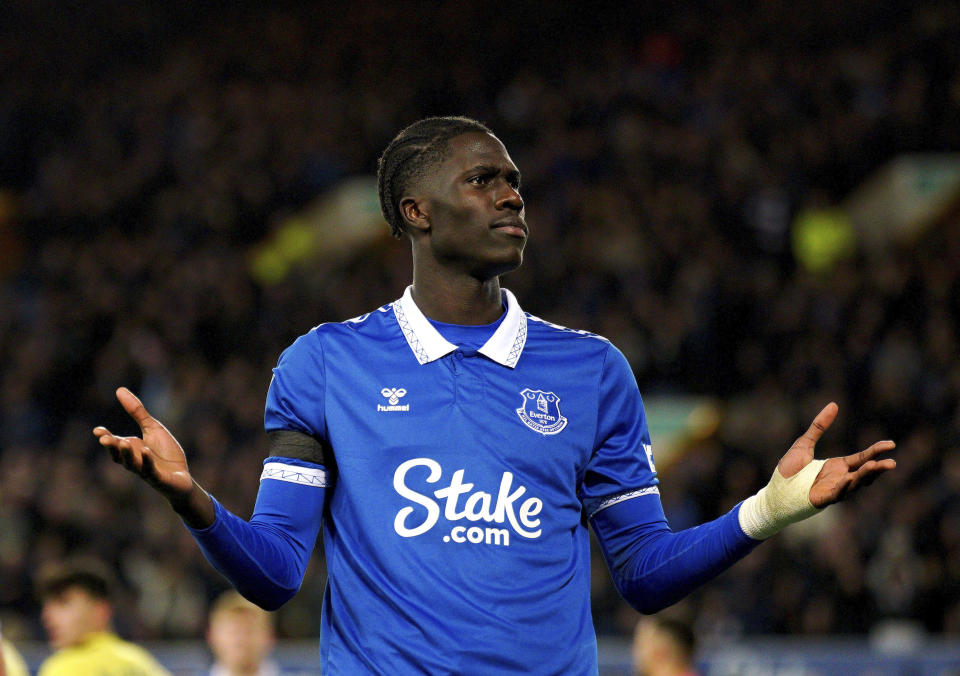 Everton's Amadou Onana celebrates scoring during the English League Cup fourth round soccer match between Everton and Burnley at Goodison Park, Liverpool, England, Wednesday Nov. 1, 2023. (Peter Byrne/PA via AP)