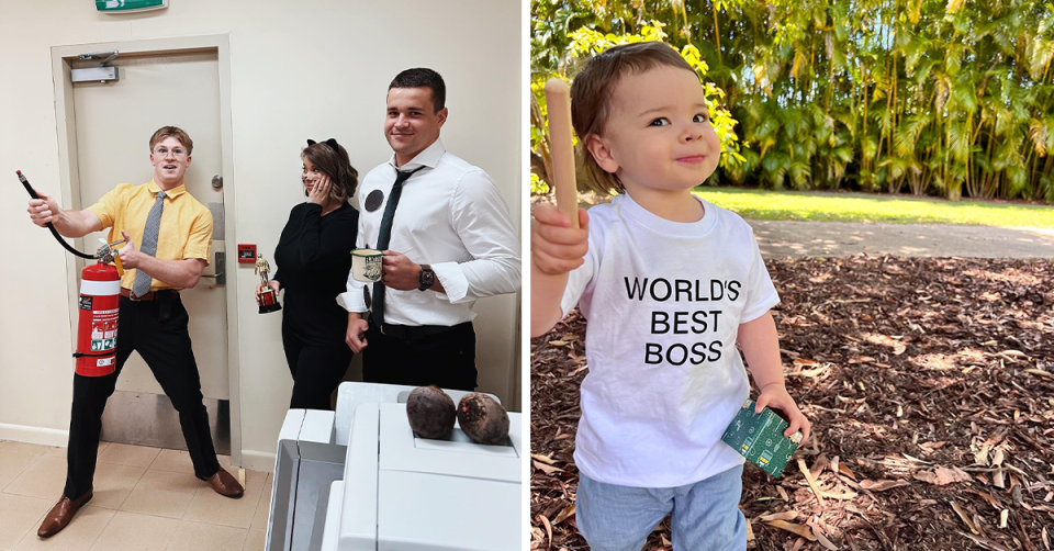 Chandler Powell, Bindi and Robert Irwin dressed as characters from The Office / Grace Warrior Powell wearing a ‘World’s Best Boss’ t-shirt.