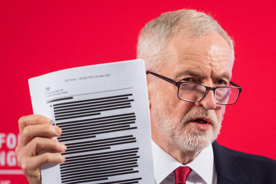 Labour leader Jeremy Corbyn holds a redacted copy of the Department for International Trade's UK-US Trade and Investment Working Group report following a speech about the NHS, in Westminster, London.