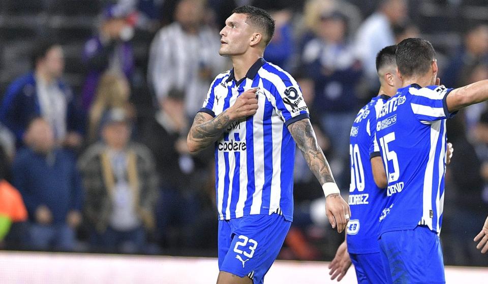 Brandon Vázquez, left, of Monterrey celebrates with teammates after scoring the team's first goal during the fourth round match between Monterrey and Queretaro as part of the Torneo Clausura 2024 Liga MX. FC Cincinnati sold Vazquez to Monterrey for at least $7.5 million.