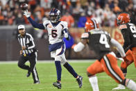 Denver Broncos quarterback Teddy Bridgewater (5) throws during the second half of an NFL football game against the Cleveland Browns, Thursday, Oct. 21, 2021, in Cleveland. (AP Photo/David Richard)