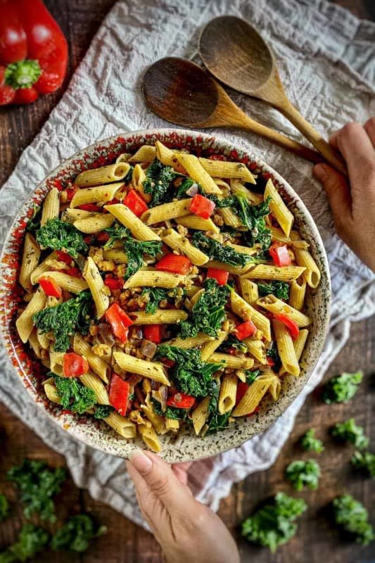 <p>No Sweat Vegan</p><p>A healthy, meat-free twist on a classic Tuscan combination.</p><p><strong>Get the recipe: <a href="https://nosweatvegan.com/penne-pasta-with-kale-vegan-italian-sausage" rel="nofollow noopener" target="_blank" data-ylk="slk:Penne Pasta With Vegan Italian Sausage;elm:context_link;itc:0;sec:content-canvas" class="link ">Penne Pasta With Vegan Italian Sausage</a></strong></p>