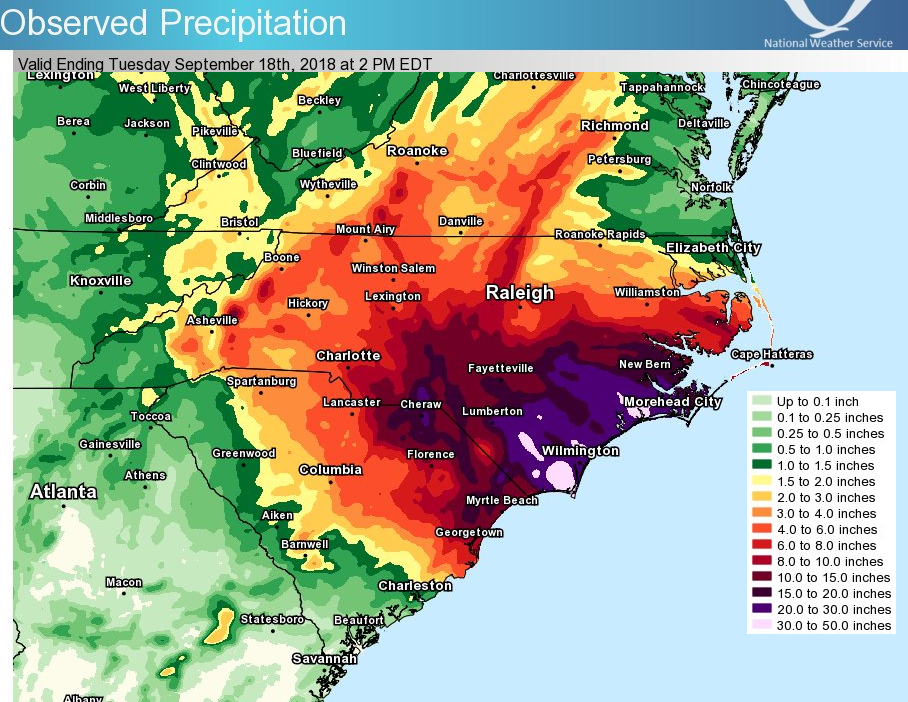 Hurricane Florence brought record-setting rains to much of Eastern North Carolina after the slow-moving storm made landfall in September 2018.