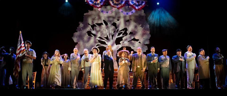 A scene from the Manatee Players production of “Parade,” a musical about a Jewish businessman accused of killing one of his employees in Atlanta in 1913.