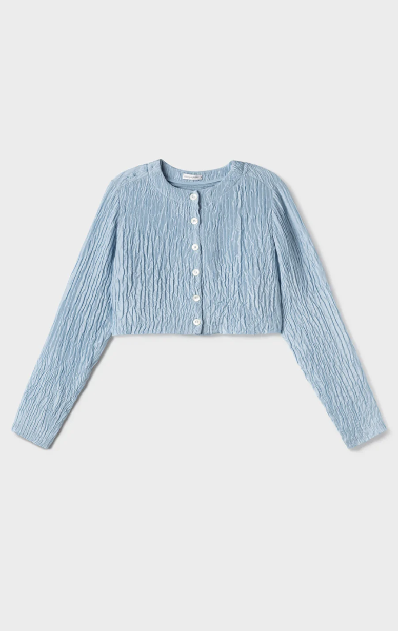 12) Crinkle Collarless Crop Shirt Sky