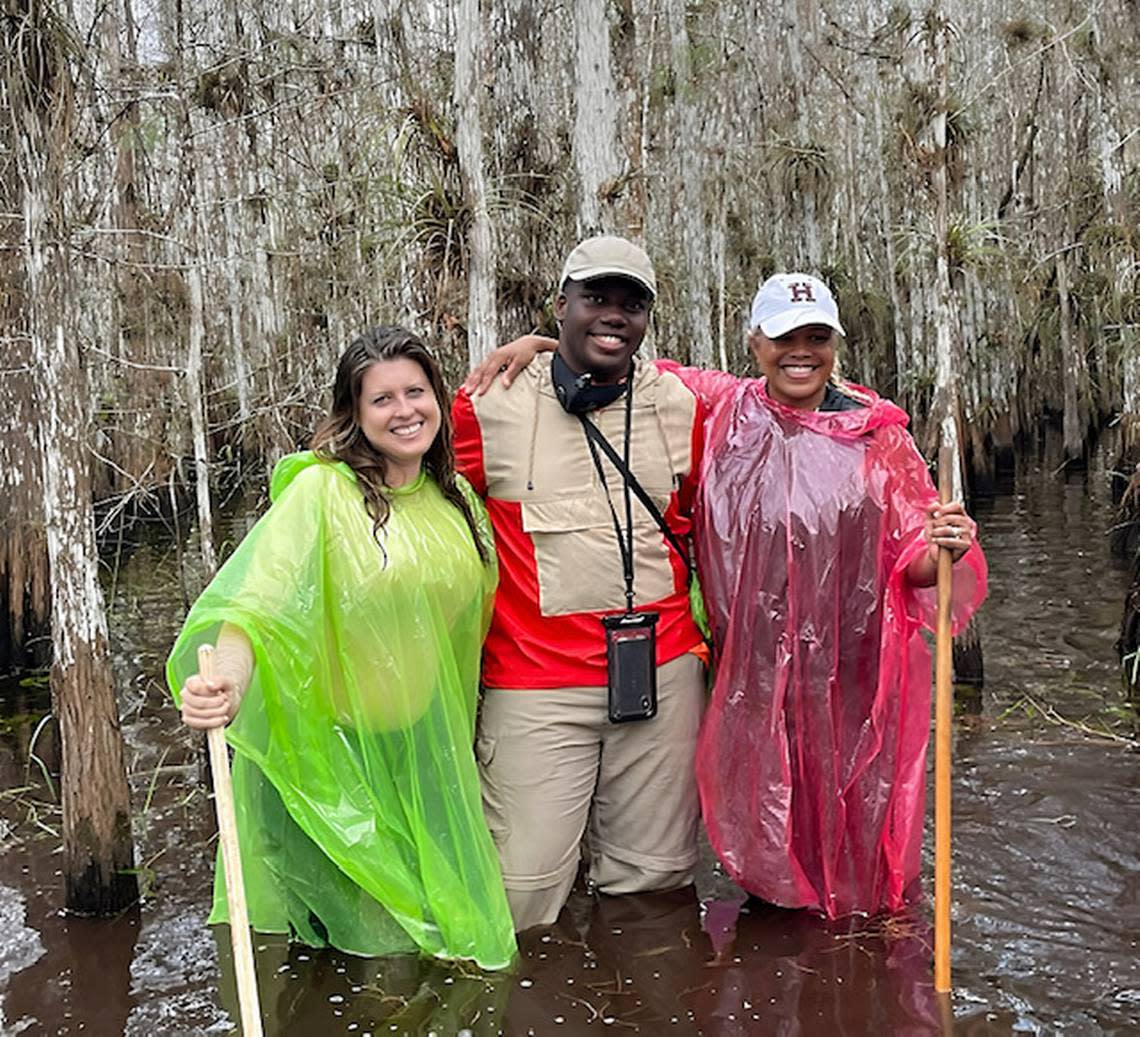 From left: AIRIE executive director Evette Alexander; Cornelius Tulloch, artist and AIRIE creative director; and Tracey Robertson Carter, co-chair of the board, in Everglades National Park.
