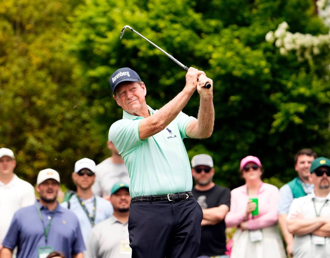 Tom Watson tees off on No. 3 during the Par 3 Contest at Augusta National Golf Club in Georgia.