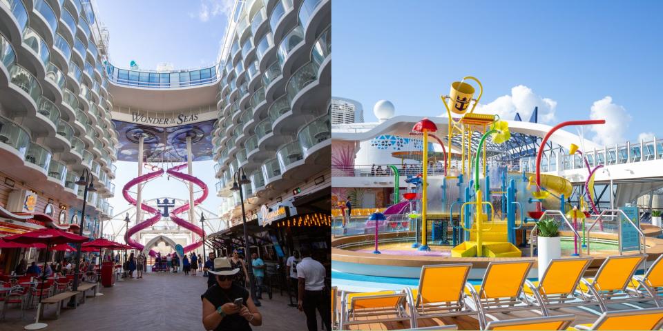 A composite image of the boardwalk and pool deck on the wonder of the seas.