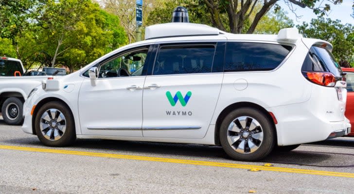 Waymo self driving car performing tests on a street near Google's headquarters, Silicon Valley