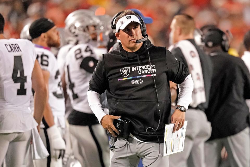 Las Vegas Raiders head coach Josh McDaniels watches during the second half against the Kansas City Chiefs.