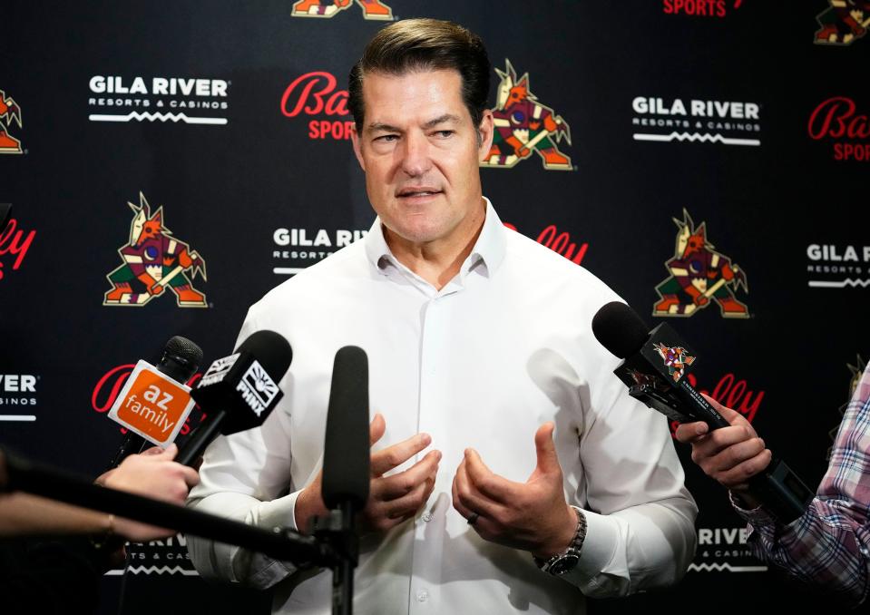 Arizona Coyotes general manager Bill Armstrong during his end-of-season interview with the media at the Coyotes training facility in Scottsdale on April 14, 2023.