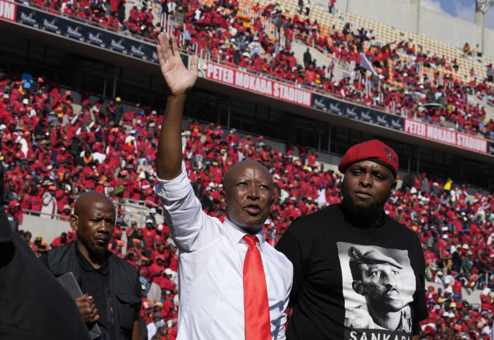 Economic Freedom Fighters (EFF), leader Julius Malema arrives at a final election rally in Polokwane, South Africa, Saturday, May 25, 2024. South African will vote in the 2024 general elections May 29. (AP Photo/Themba Hadebe)