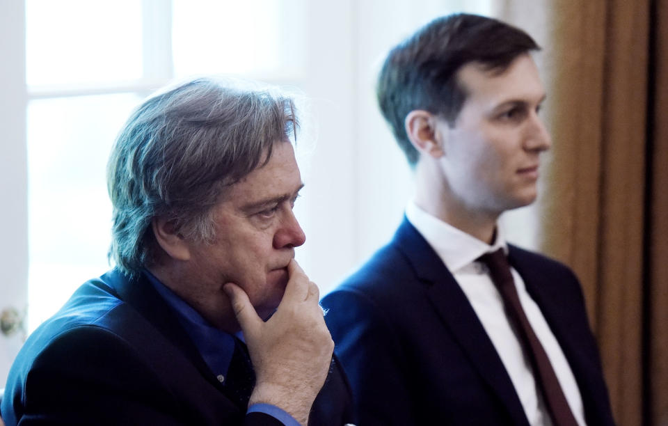 Jared Kushner (R) and Steve Bannon, two of President Trump's top advisers listen during a Cabinet meeting in the Cabinet Room of the White House, on June 12, 2017. Photo by Olivier Douliery *** Please Use Credit from Credit Field ***